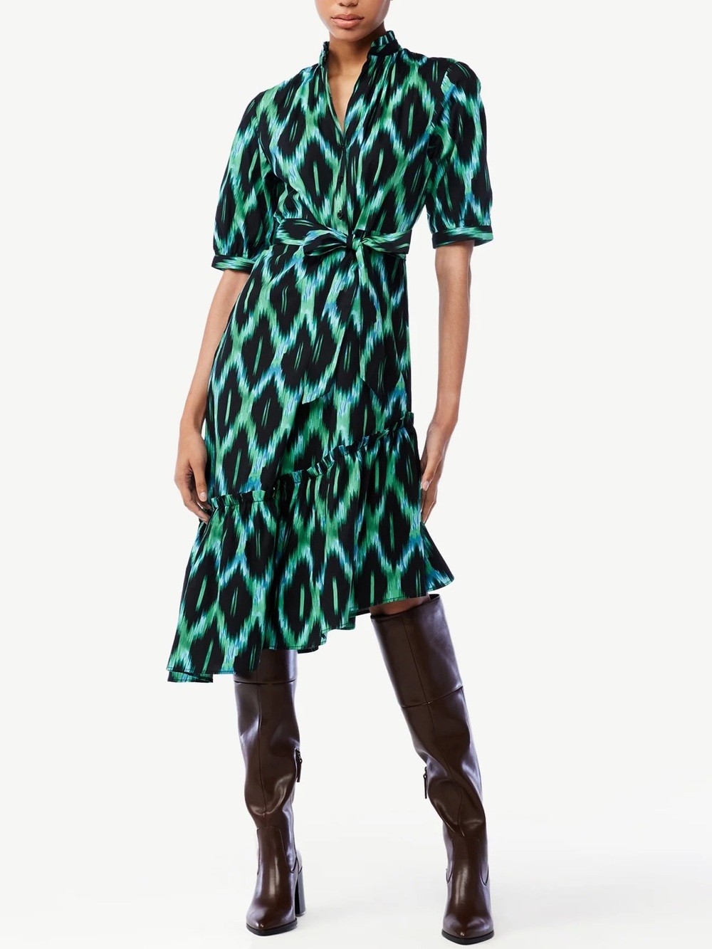 🖤 Scoop Ikat Belted Shirtdress Black Green Sz L | Like New